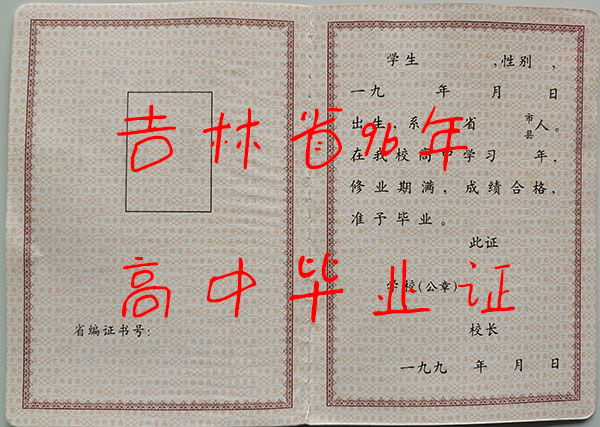 吉林省2001年高中毕业证样本（2001届高中毕业证）