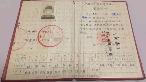 安徽省1990年高中毕业证样本（安徽省全日制高中毕业证）